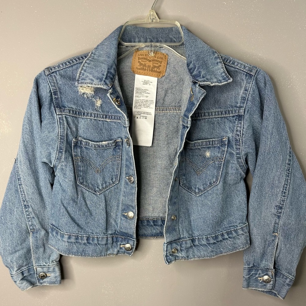 Levi's Jean Jacket Little Girl Sz 6X Cropped Trucker Red Tab Back Pocket Snap